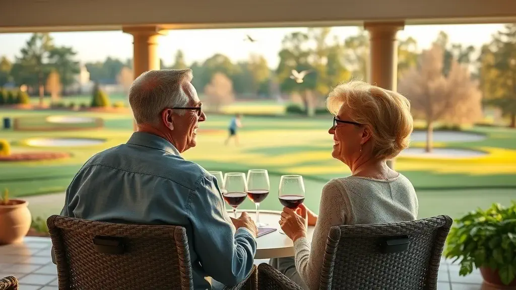 elegant golf-front villa in Pinehurst with couple enjoying patio view over championship course, morning golfers in distance, sunrise lighting, high realism.