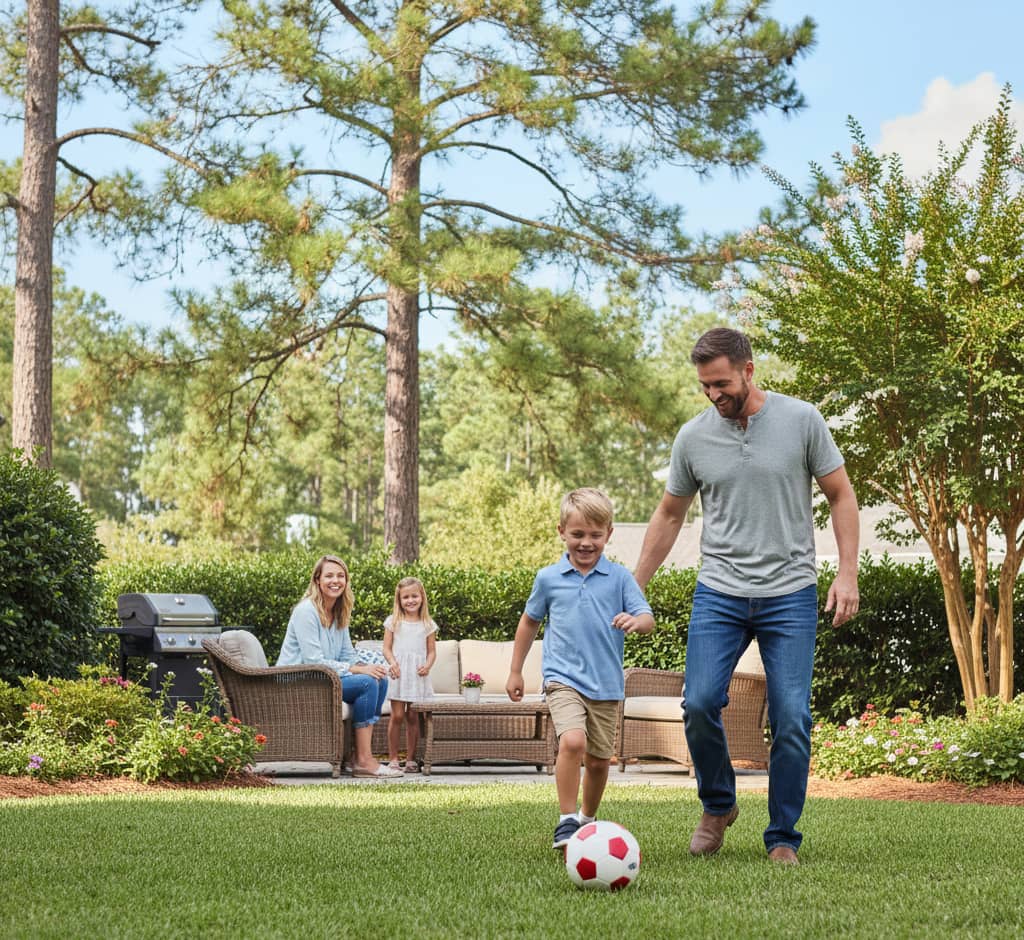 happy family enjoying backyard of pinehurst home with parents and children playing on lawn