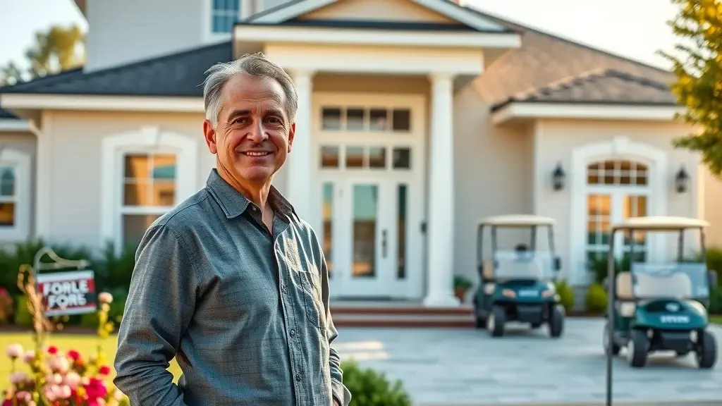 modern single-family home in Pinehurst with manicured landscaping, blooming flowers, for-sale sign, and golf cart in driveway—high realism and vibrant greens.