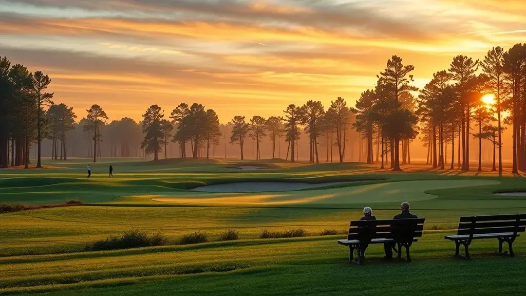scenic view in pinehurst with sunset hues, golfers on rolling fairways, family on park bench, lush pines and grasses, sunset gold hour, photorealistic.