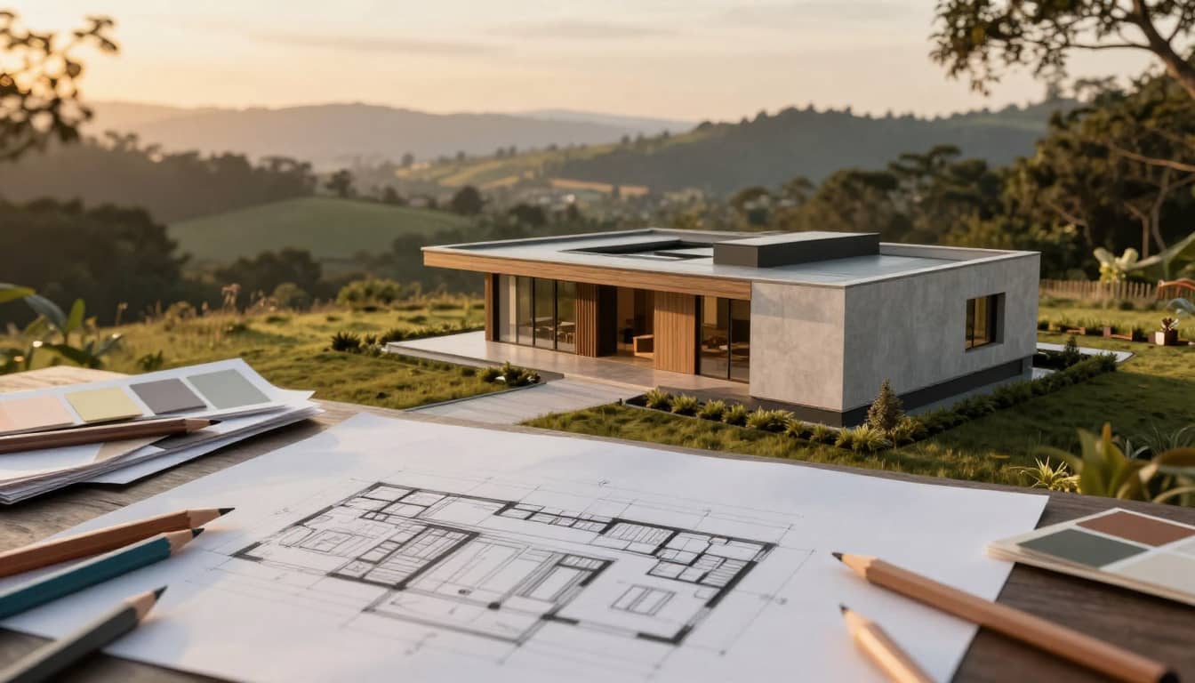 Custom home floor plan illustration with materials and design tools