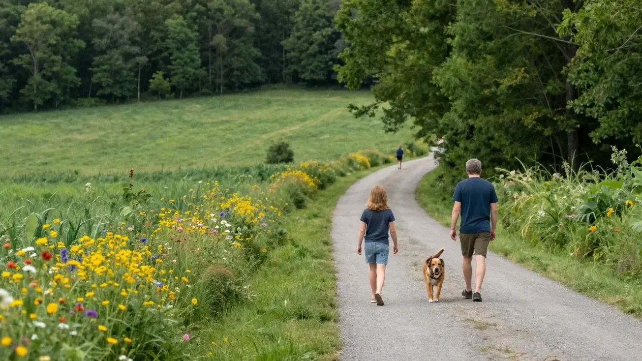 Serene rural landscape near Vass, NC with family, dog, rolling fields, pine woodlands, and farmhouses in the distance; vass, north carolina homes for sale