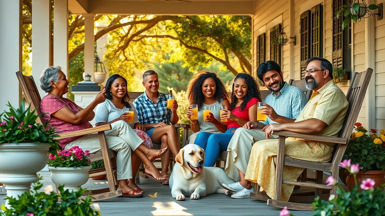 Welcoming Vass, NC porch with family enjoying lemonade, rocking chairs, and floral touches; vass, north carolina homes for sale