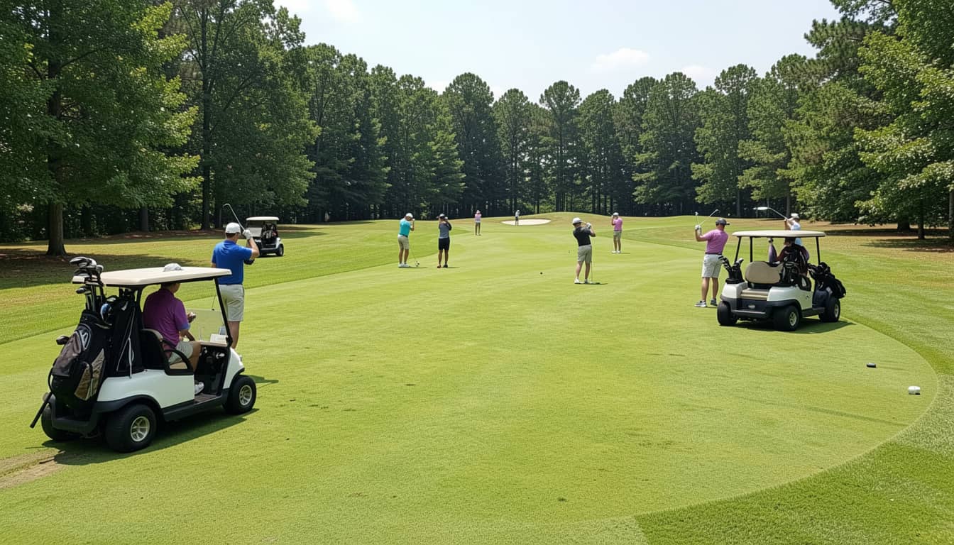 Elegant golf course community in Seven Lakes, North Carolina with friendly golfers, manicured greens, and motion of golf swings. seven lakes, north carolina real estate & homes for sale