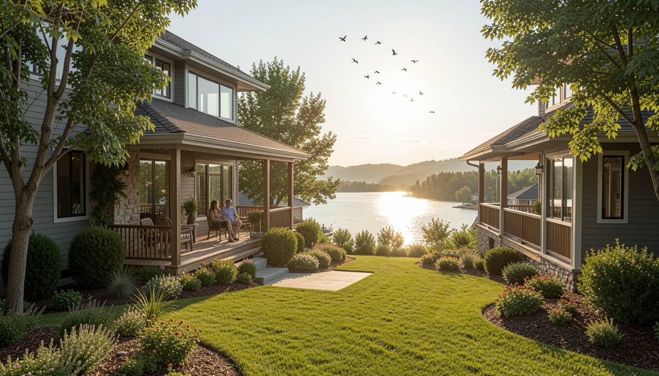 Modern home with landscaped yard in Seven Lakes, North Carolina, couple enjoying coffee on porch with lake view, birds, and sunlight. seven lakes, north carolina real estate & homes for sale